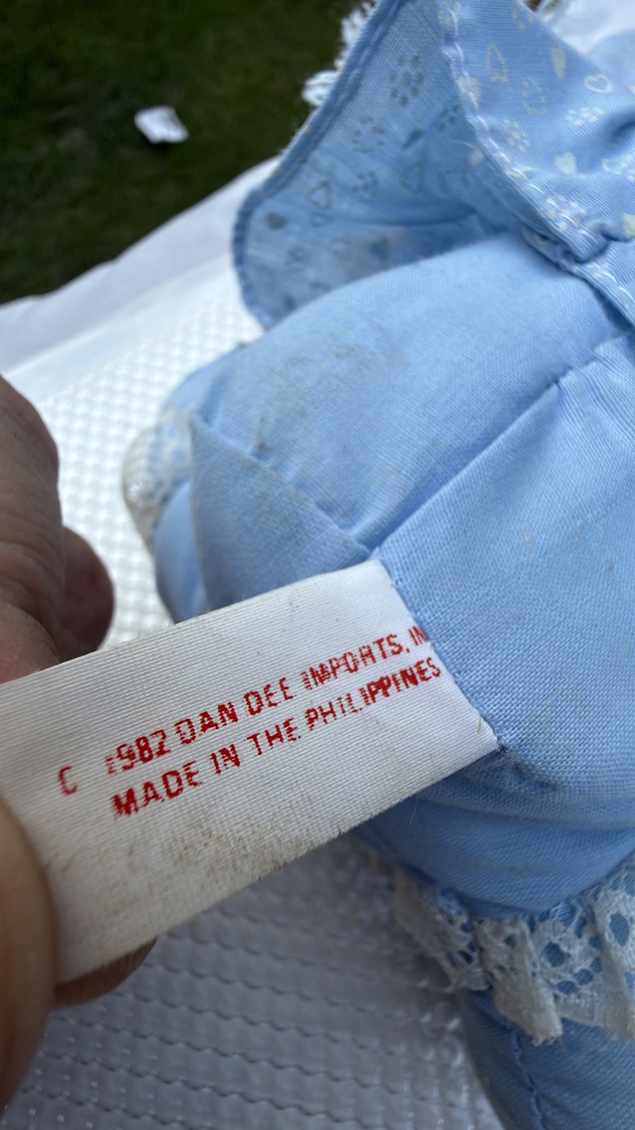 Second angle of the Dan Dee Imports manufacturer's tag, still fully legible