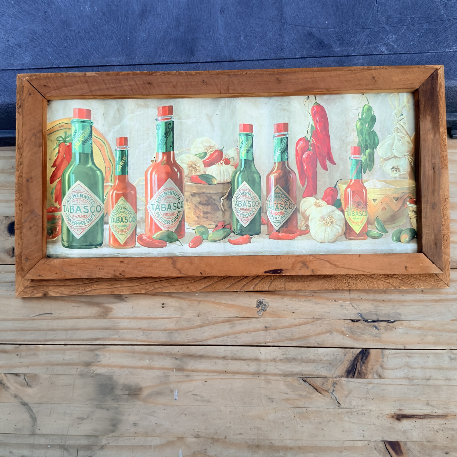 Framed Tabasco Brand corrugated tin frame and image detail