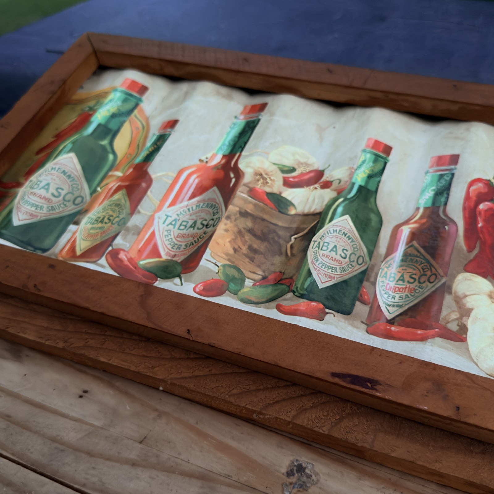 Framed Tabasco Brand corrugated tin side and corner condition