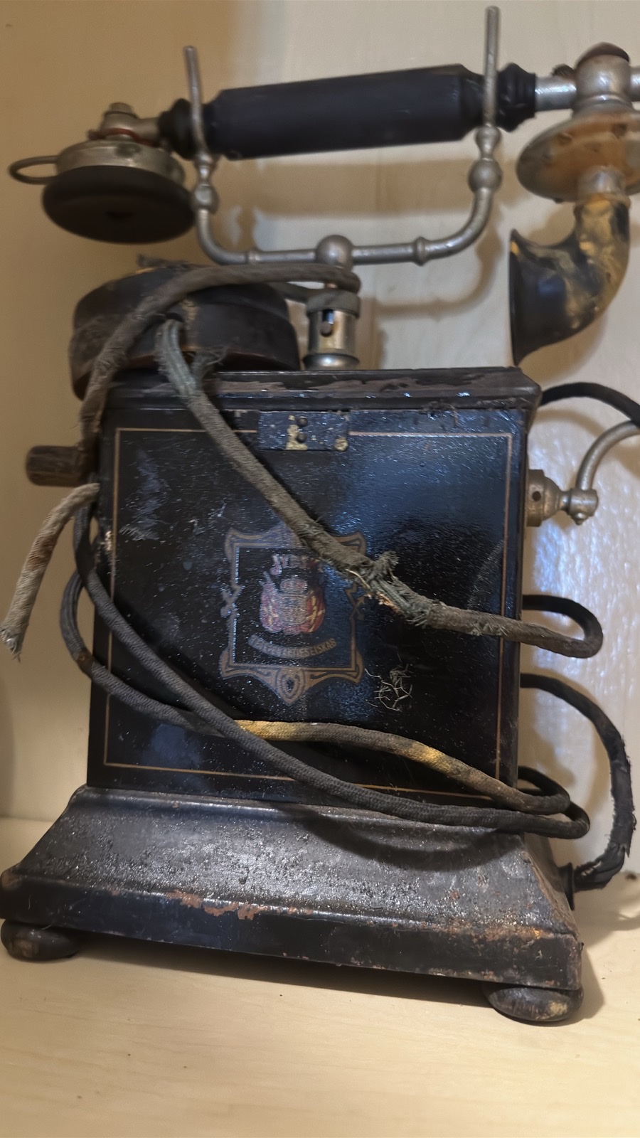 Antique Danish JYDSK hand-crank telephone full view