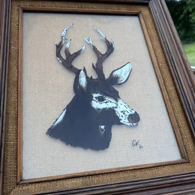 Reverse Glass Deer Painting, Signed GW '80