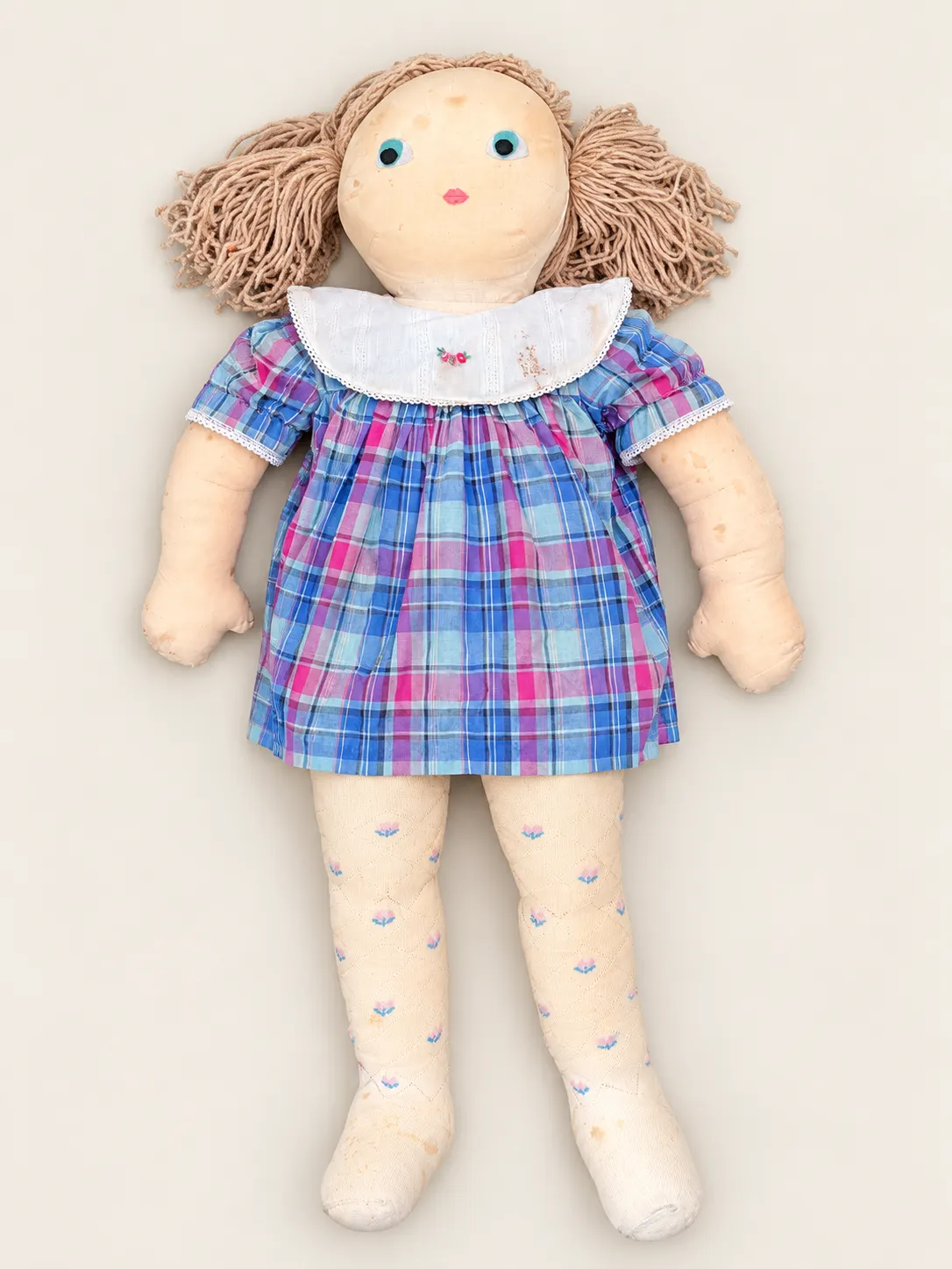 Huge 36-Inch Yarn-Hair Cloth Doll in Plaid Dress