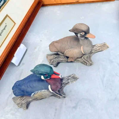 Pair of Duck Figurines on Driftwood-Style Bases