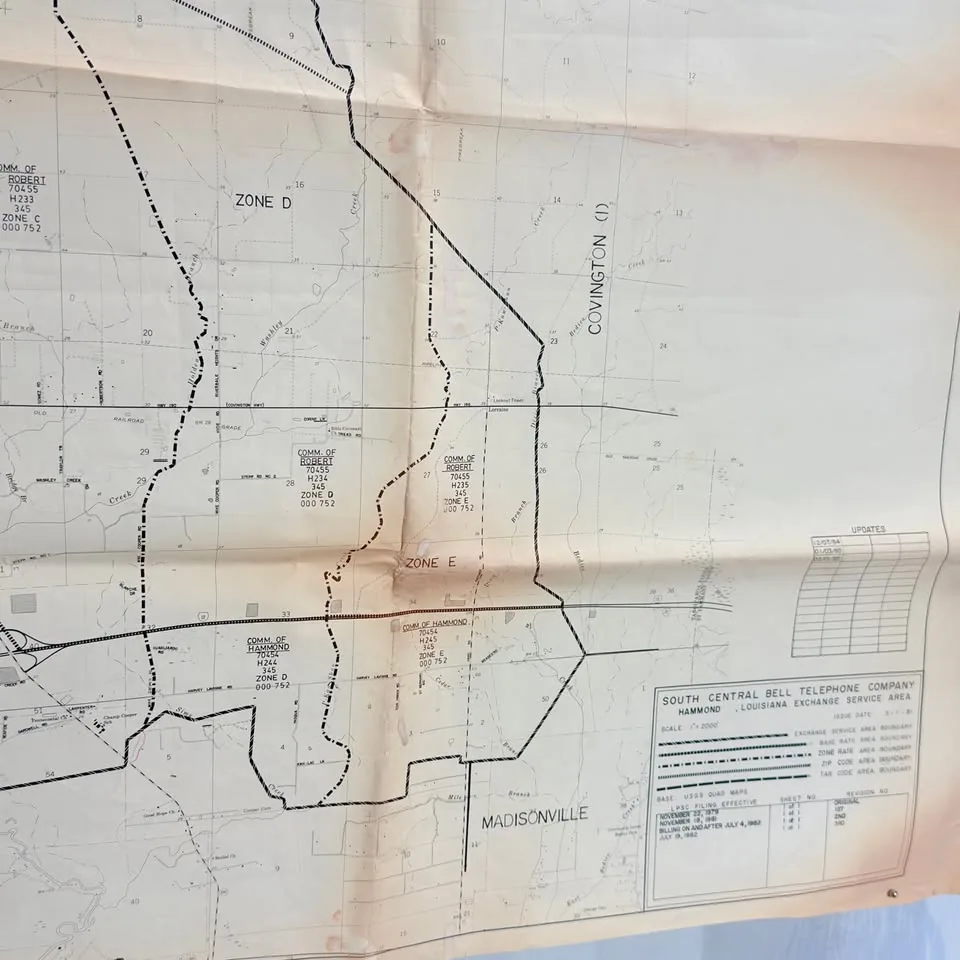1981 South Central Bell map, Hammond exchange, about 2 ft 10 in x 5 ft — Curios — Lott's & Found