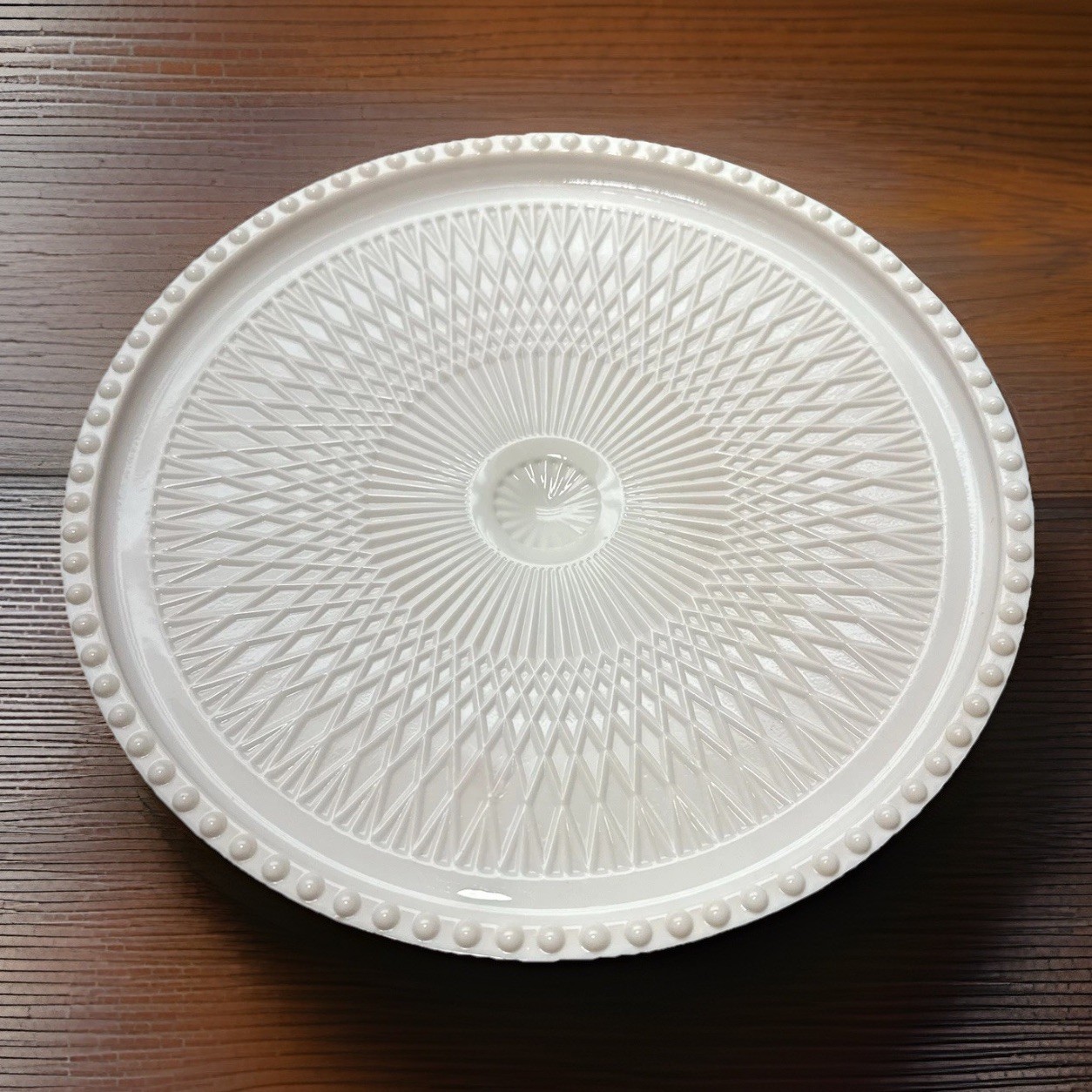 Jeannette Shell-Pink Milk Glass Cake Stand — Glass & Ceramic — Lott's & Found