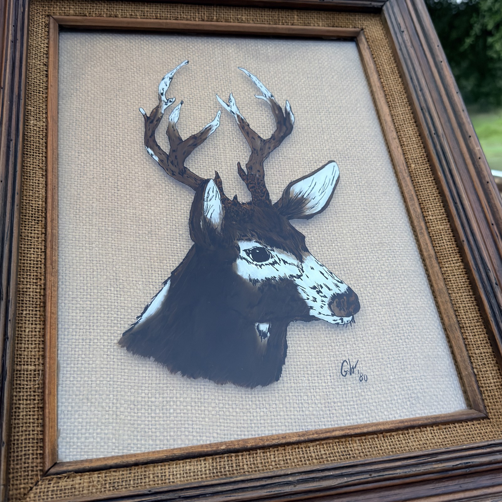 Reverse glass deer painting framed full view