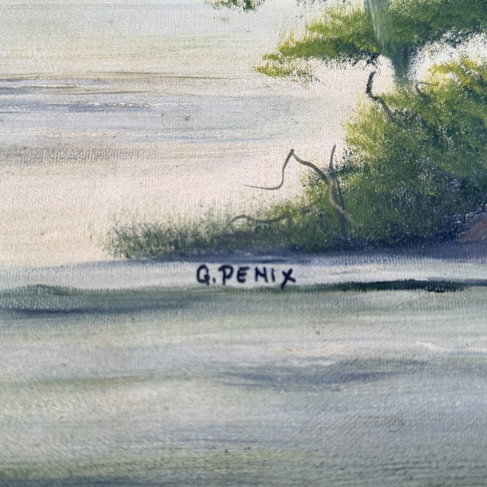 Close-up of the artist signature reading G. Penix in the lower center of the canvas