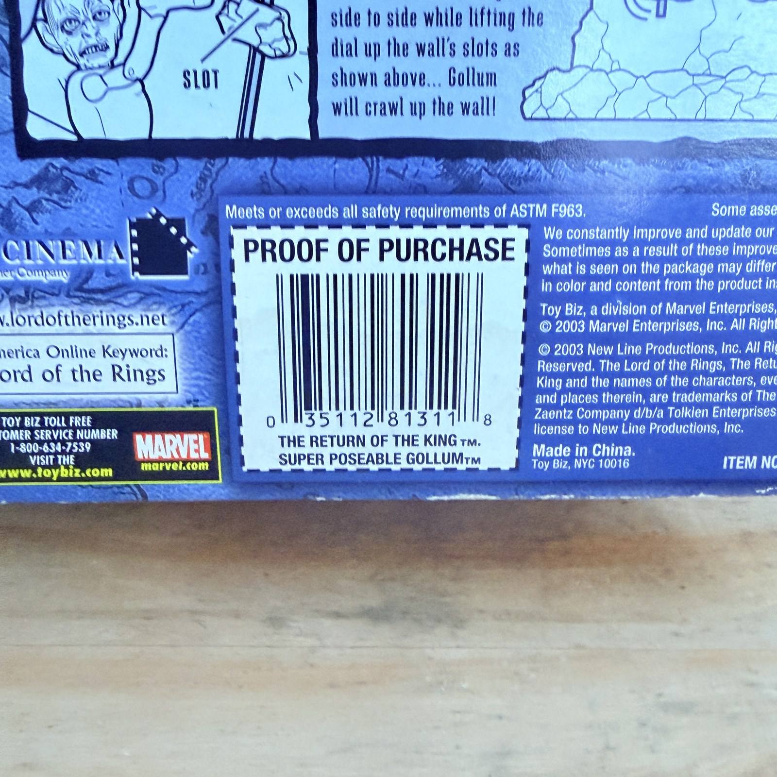 2003 Toy Biz LOTR Super Poseable Gollum UPC and copyright detail