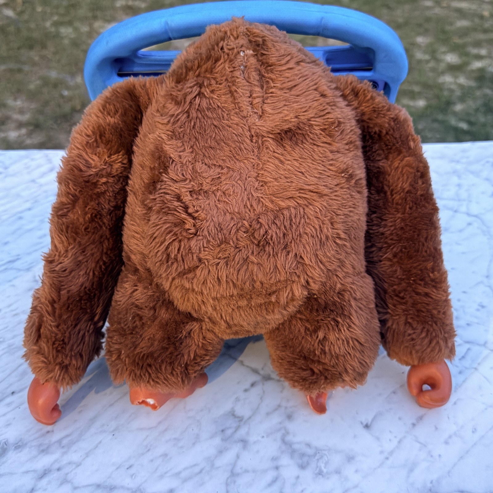Rear full-body view of the vintage Donkey Kong plush showing the brown shag back