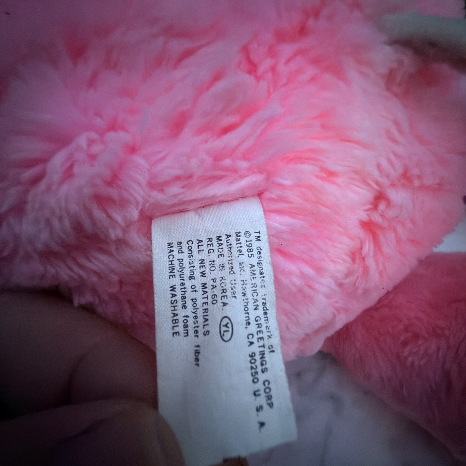 Original sewn-in tag reading copyright 1985 American Greetings Corp., Mattel, Inc., Hawthorne CA, made in Korea
