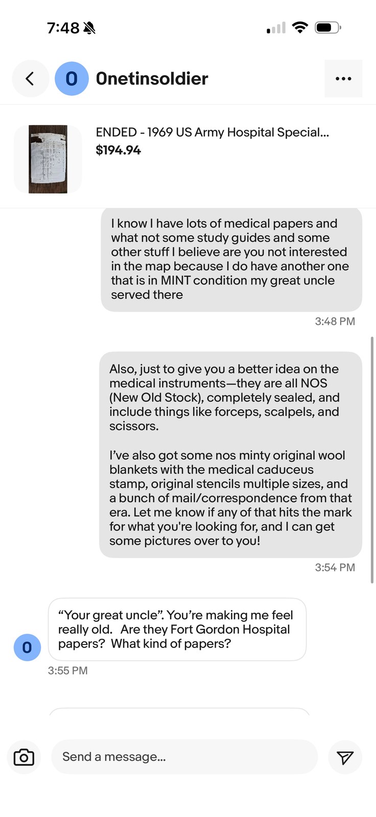 Conversation screenshot stored with the medic-lot photos — not part of the physical lot